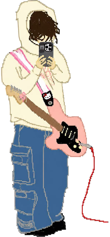 Pixel Kiara with her shell pink Strat, red cable plugged in